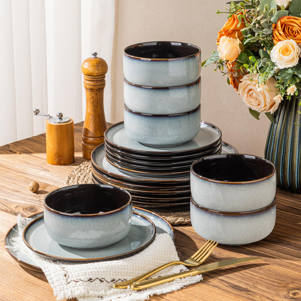 LeRatio Ceramic Dinnerware Sets for 4,12Pcs Porcelain Plates and Bowls Set