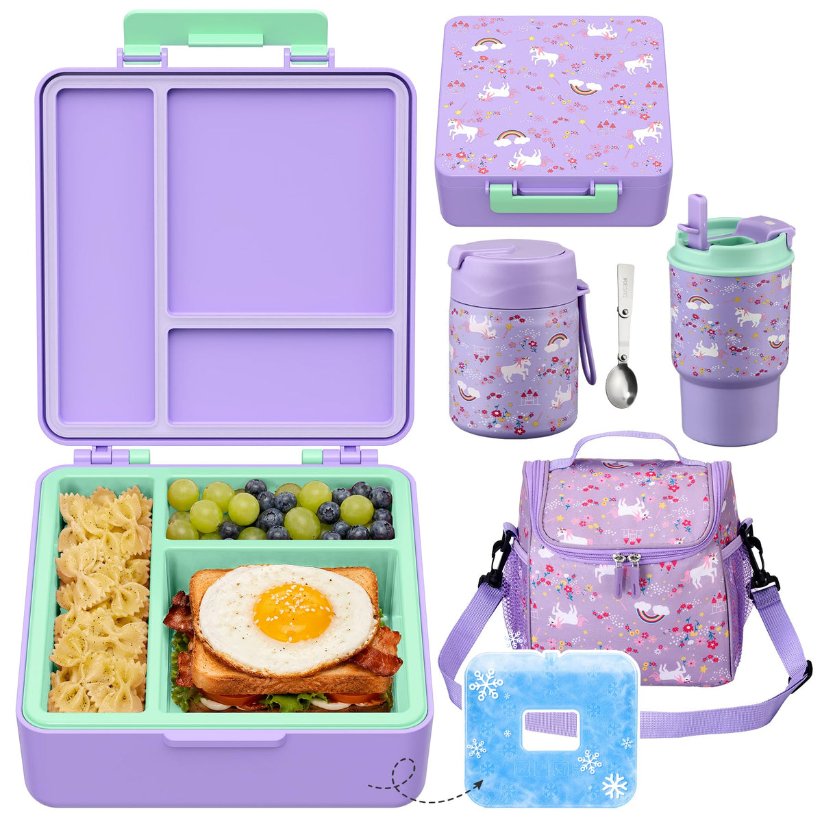 Pawtong Lunch Box Set with Bento Box Container, 17OZ Stainless Steel Food Soup Thermo, Kids Water Bottle & Portable Insulated Lunch Bag – Leakproof, Hot/Cold Retention for School, Travel (Purple)