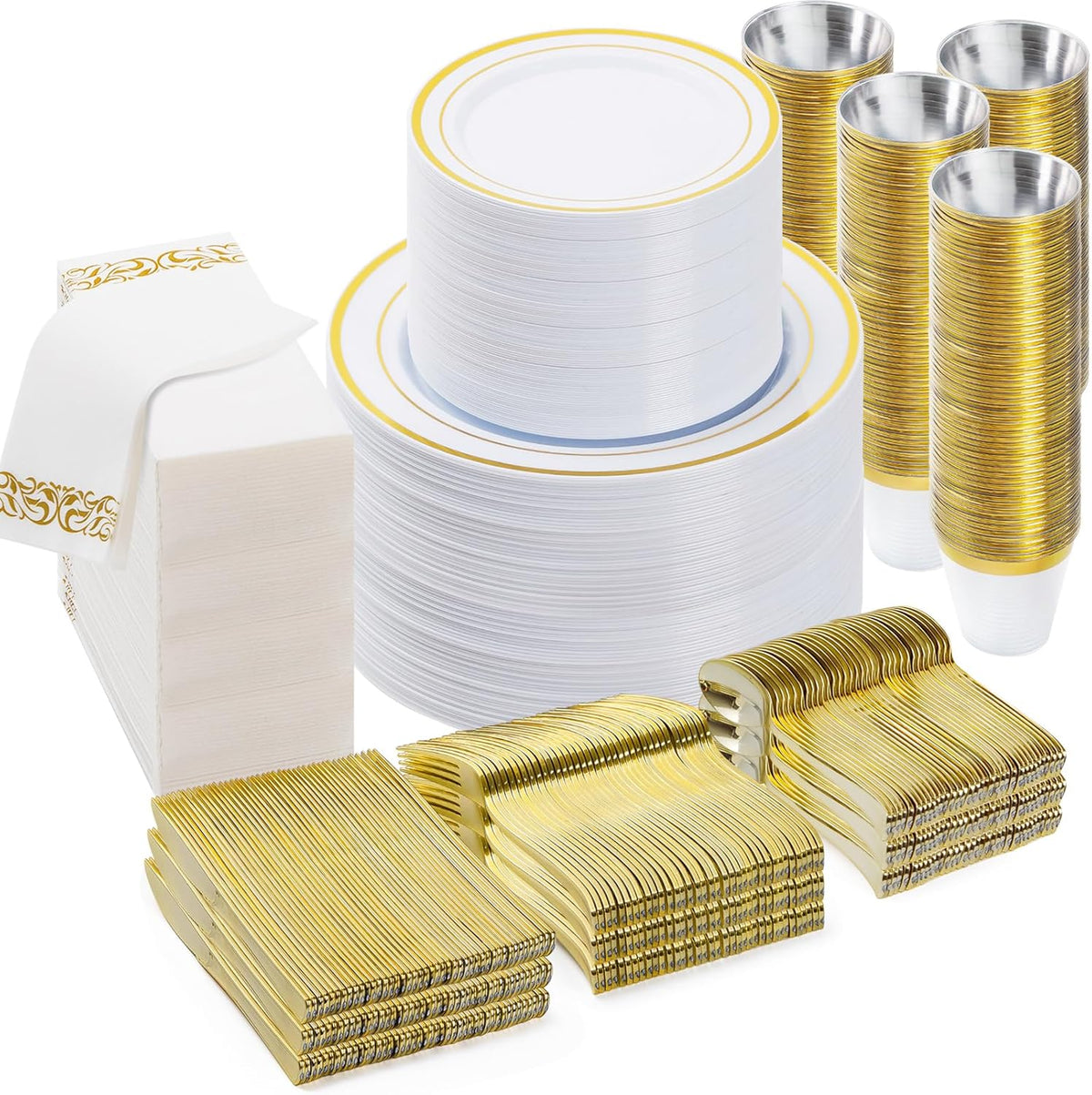 BESTVIP 700 PCS Disposable White and Gold Plastic Plates for 100 Guests
