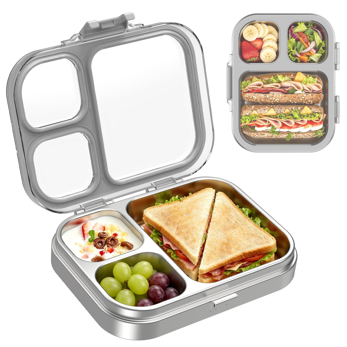LOHASOK Stainless Steel Bento Lunch Box for Kids, 3-Compartment & Leakproof