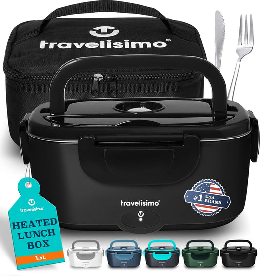 TRAVELISIMO Electric Lunch Box for Adults 100W Heated Lunch Box For Men 1.5L Stainless Steel Portable Food Warmer, 12/24/110V for Travel & Work, Loncheras Electricas Para Calentar almuerzo