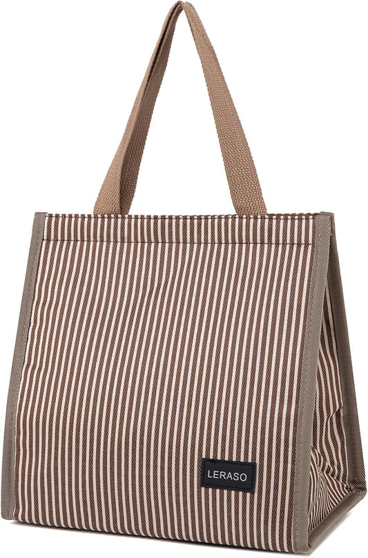Insulated Lunch Bag for Work, 10.2"x5.9"x10.2" Oxford Waterproof Lunch Tote, Thermal Lunch Box for Office, Picnic & Outdoor, Pink and White Striped Canvas Tote Bag