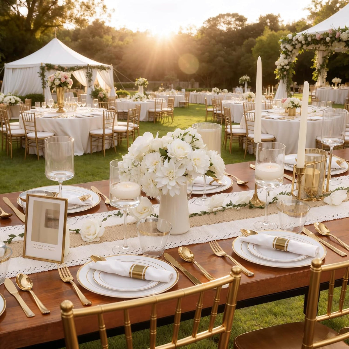 WDF Partyware 350Piece Gold Dinnerware Set for 50 Guests - Gold Plastic Plates with Disposable Cutlery - 50Dinner Plates-50Dessert Plates-50Pre Rolled Napkins with Silverware for Wedding/Thanksgiving