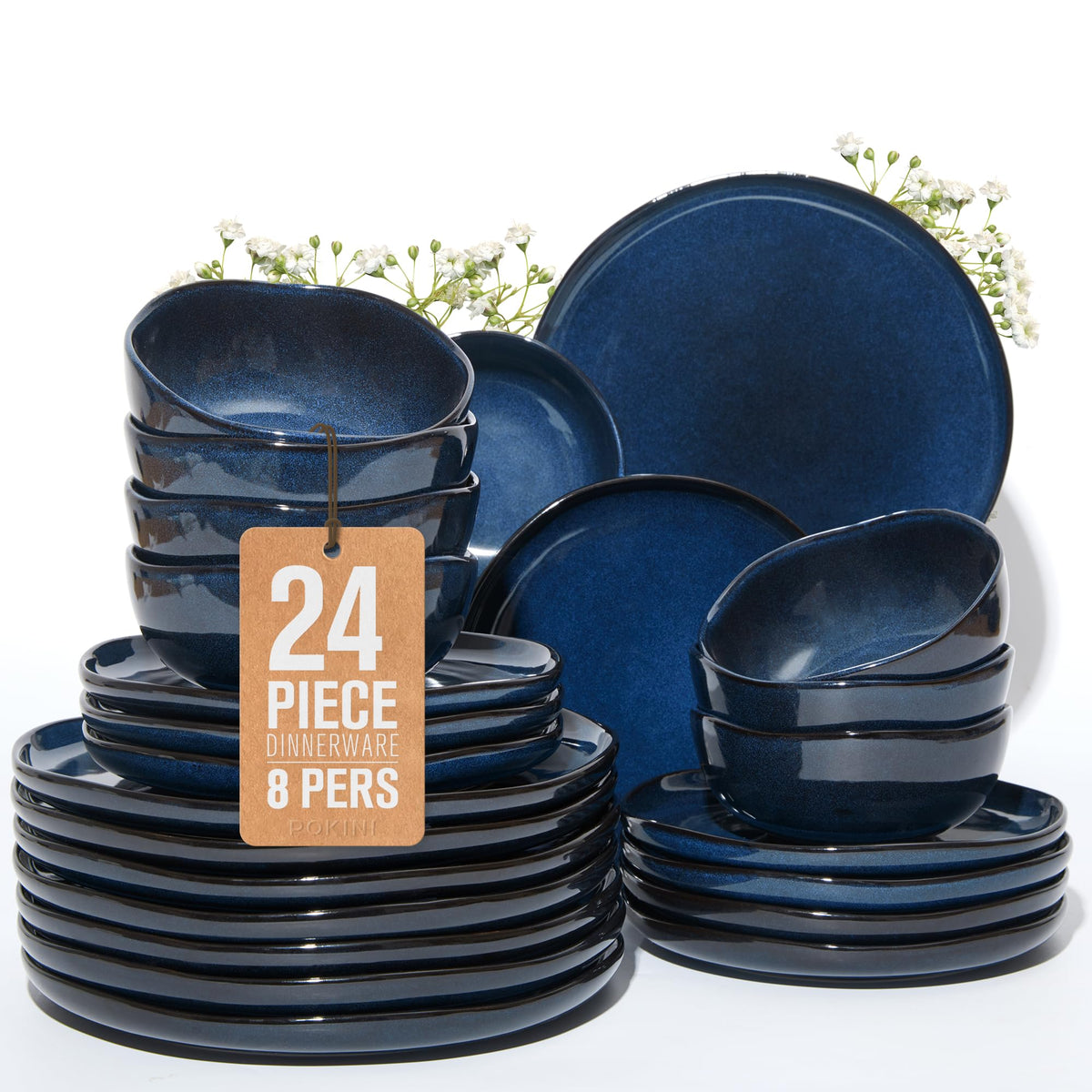 Pokini Stoneware Dinnerware Sets for 4, 12Pcs Ceramic Plates and Bowls Sets