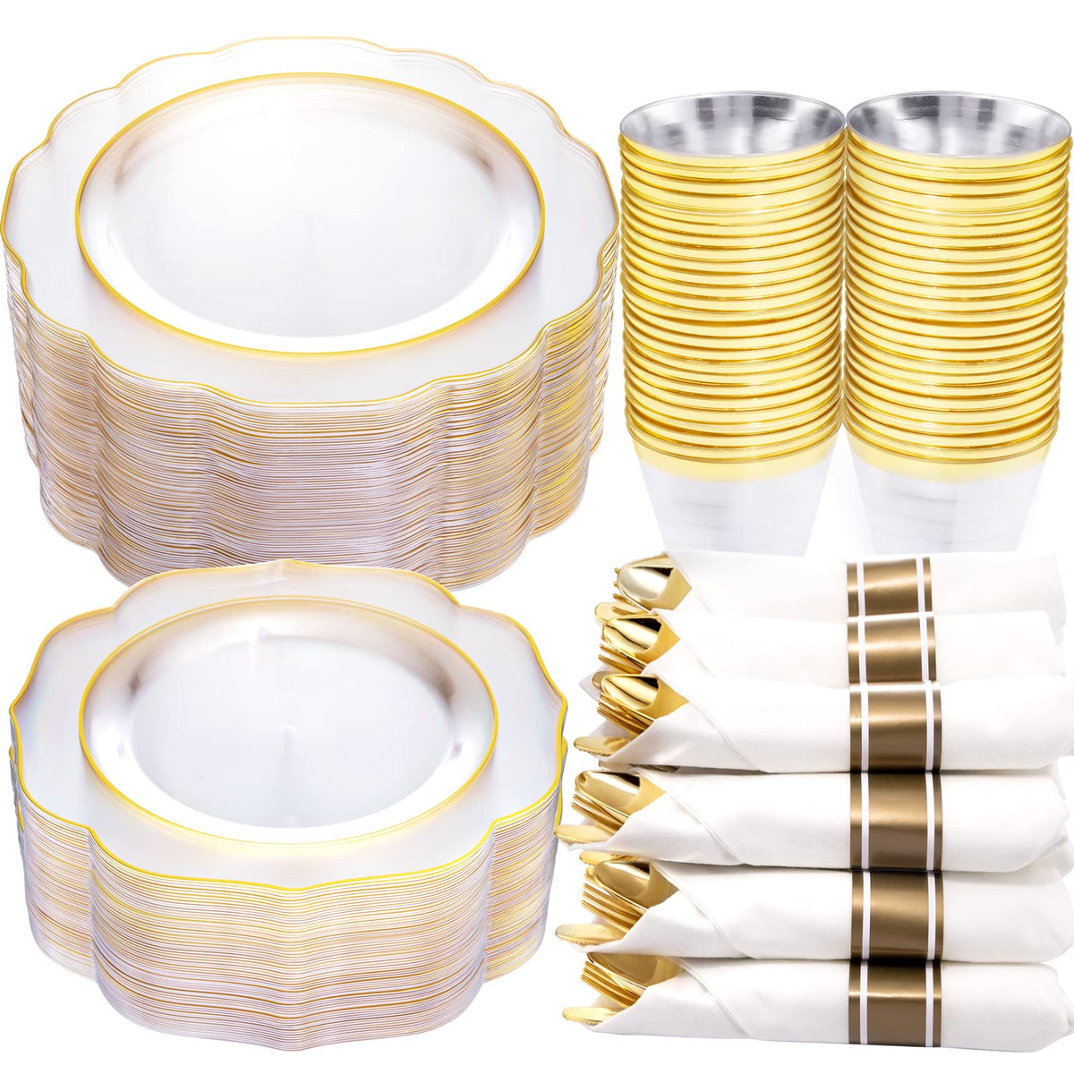 NOCCUR 175PCS Pink Plates with Gold Disposable Silverware - Include 50 Pink Plastic Plates,25 Knives,25 Forks,25 Spoons,25 Cups and 25 Napkins - Ideal for Party/Wedding/Banquet/Baby Shower