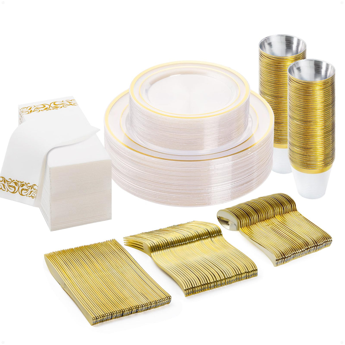 BESTVIP 700 PCS Disposable White and Gold Plastic Plates for 100 Guests