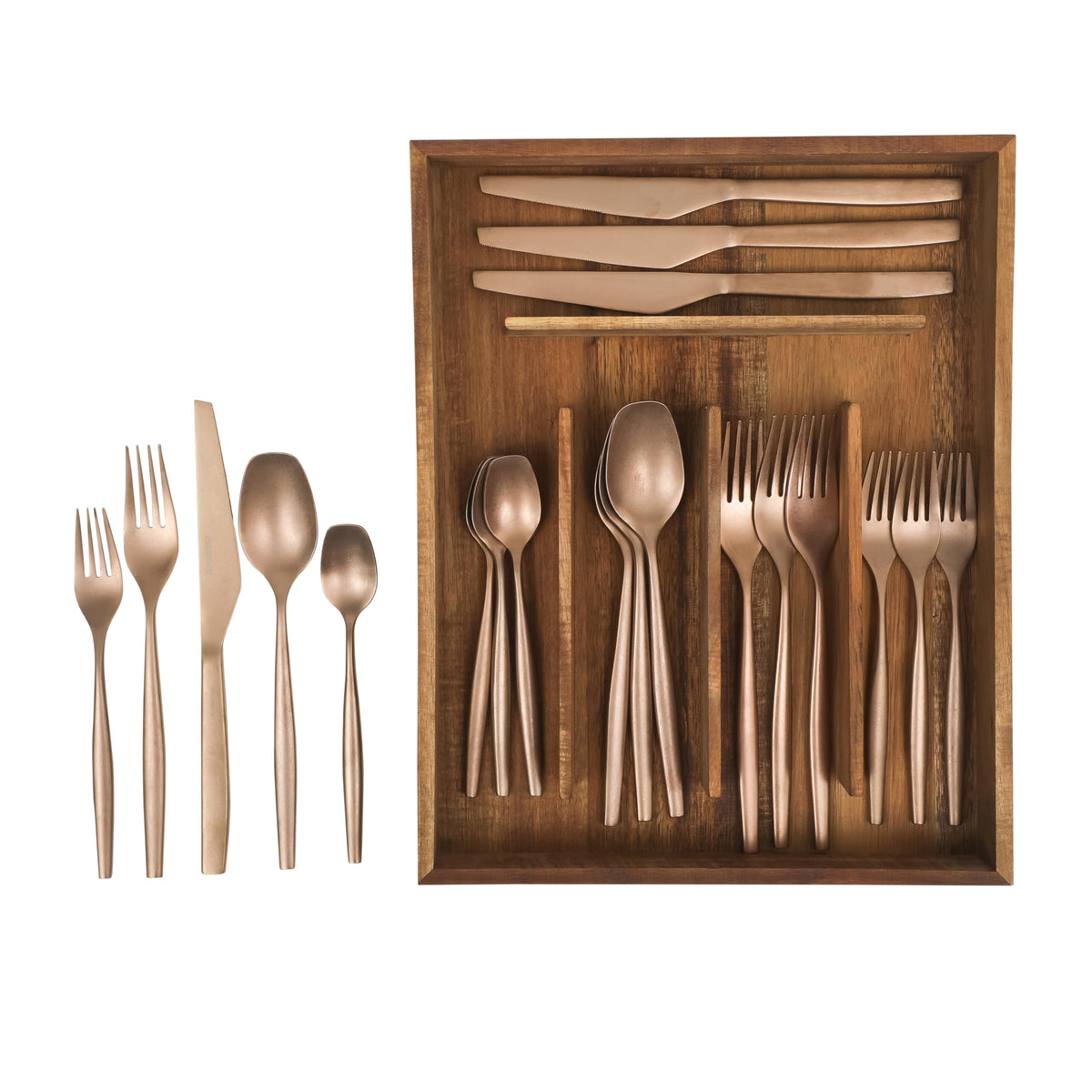 Bloomhouse - Two Time Oprah's Favorite Things Winner - 20 Piece Stone Washed Gold Flatware 18/10 Stainless Steel Silverware Cutlery Utensil Set With Acacia Wood Caddy - Service for 4