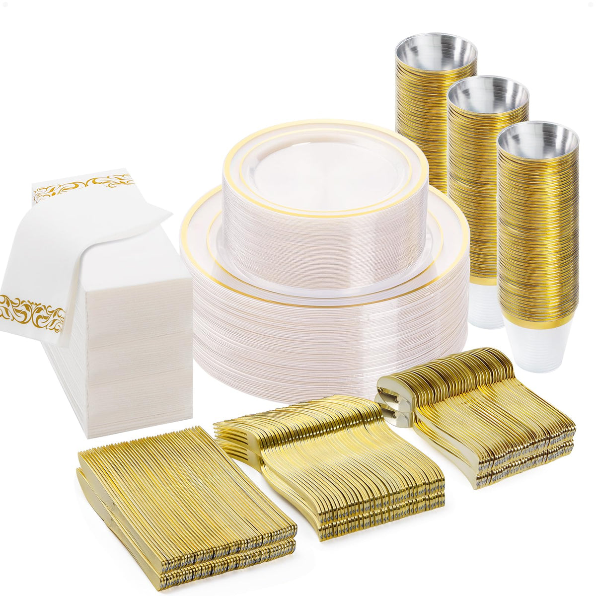 BESTVIP 700 PCS Disposable White and Gold Plastic Plates for 100 Guests
