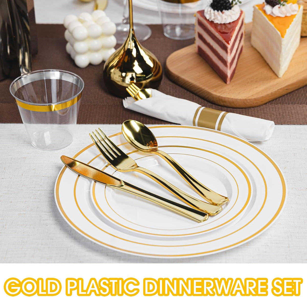 350PCS Gold Disposable Plastic Dinnerware Set for 50 Guests
