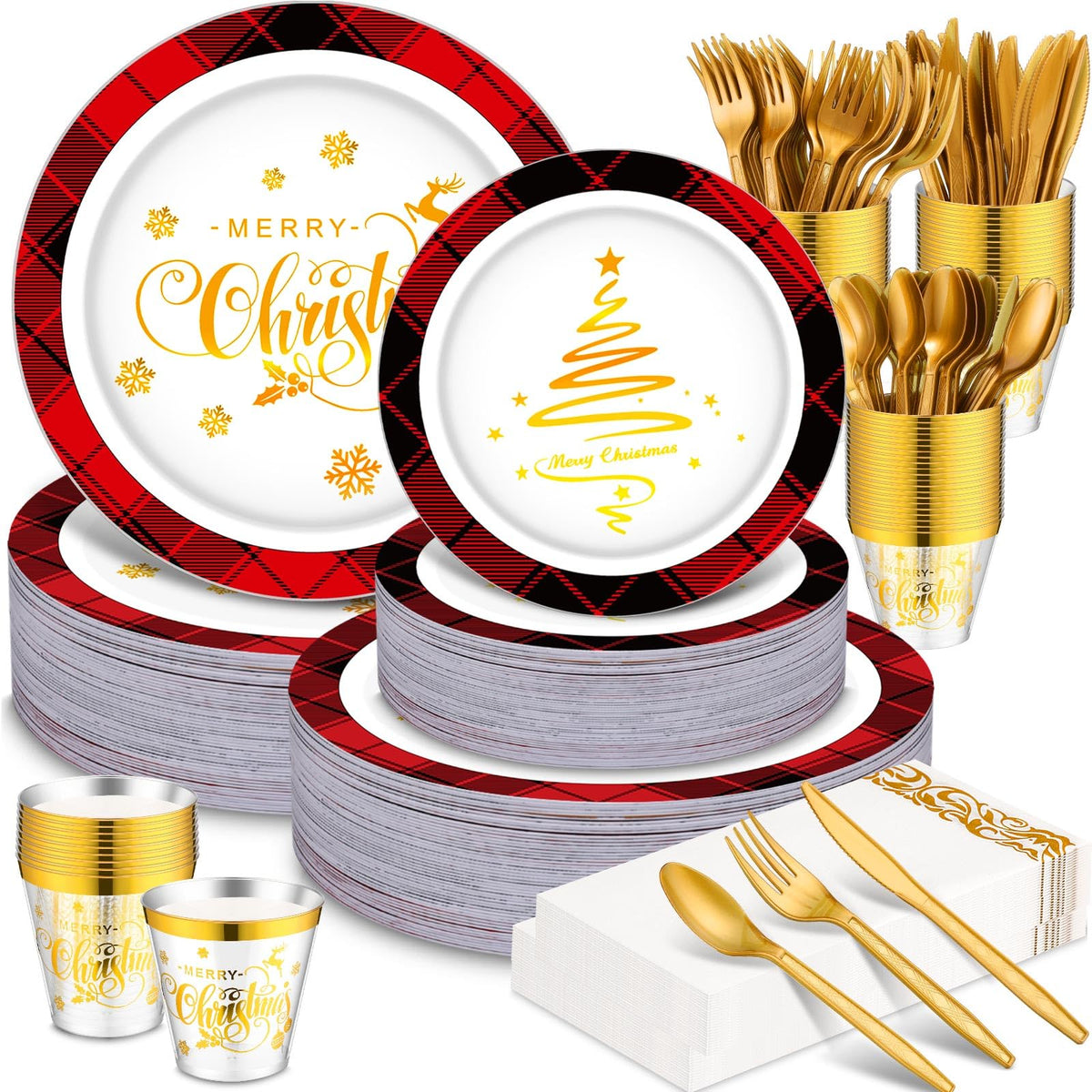 Layhit 175 Pcs Christmas Plastic Plates Dinnerware Set, Green Red