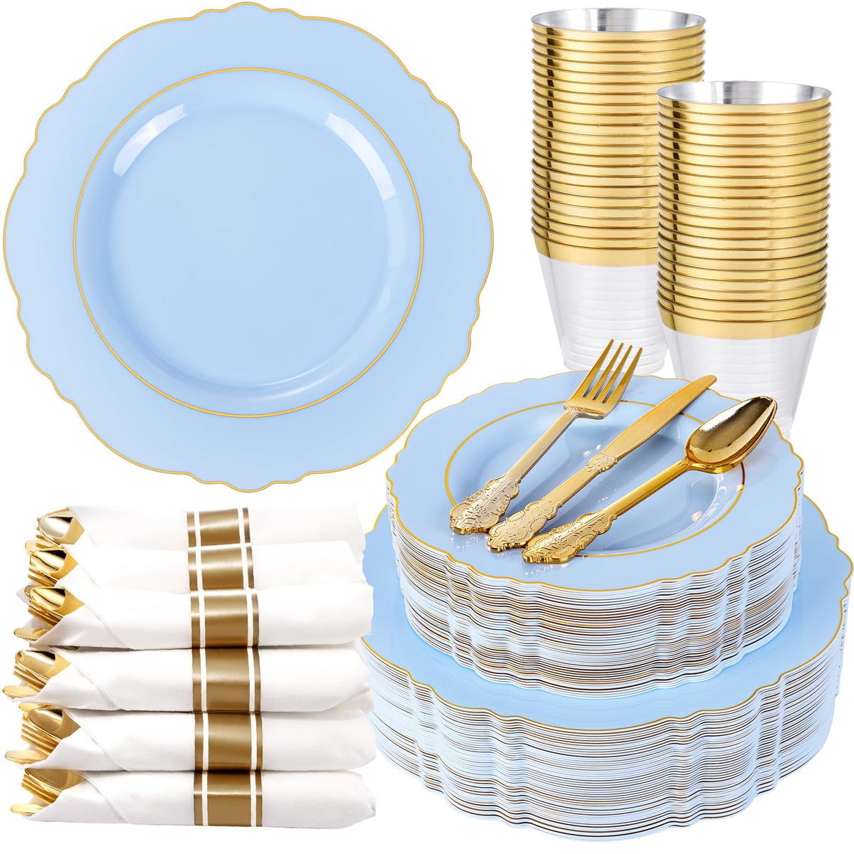 Liacere 350PCS Gold Plastic Plates-Disposable White and Gold Plates Baroque Plastic Dinnerware include 100Plates, 50Pack Pre Rolled Napkins with Silverware 50Cups for Wedding&Thanksgiving&Fall Party