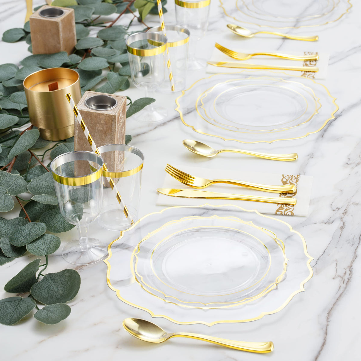 200 PCS Baroque Clear Gold Dinnerware Set for 25 Guests,Gold Rimmed Heavy Duty Plastic Disposable Plates for Party Wedding with Napkins,25Dinner Plates,Dessert Plates,Spoons,Forks,Knives,Cups