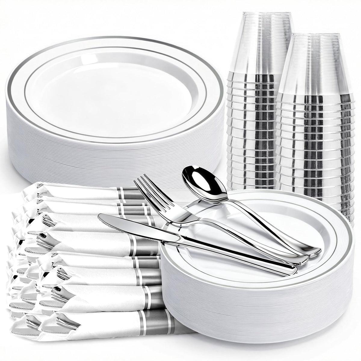 350 PCS White and Gold Plastic Dinnerware Set for 50 Guests