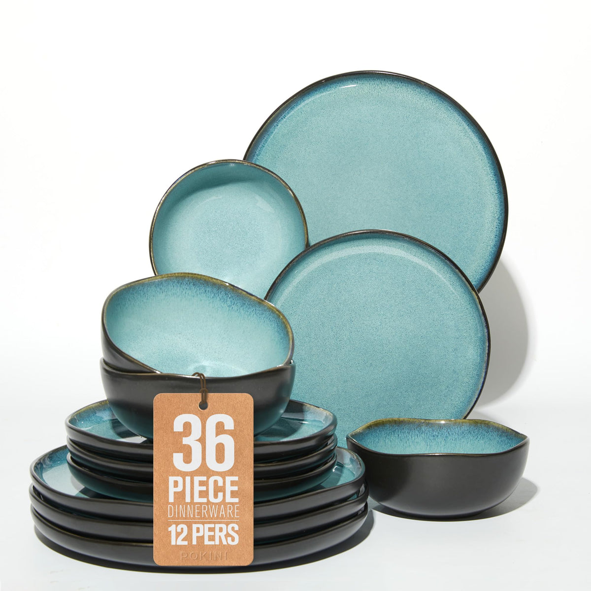 Pokini Stoneware Dinnerware Sets for 4, 12Pcs Ceramic Plates and Bowls Sets