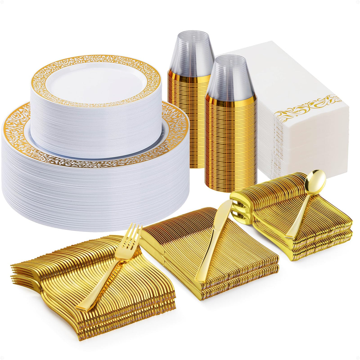 Bestluck 700 Pcs Gold Plastic Dinnerware Set for 100 Guests