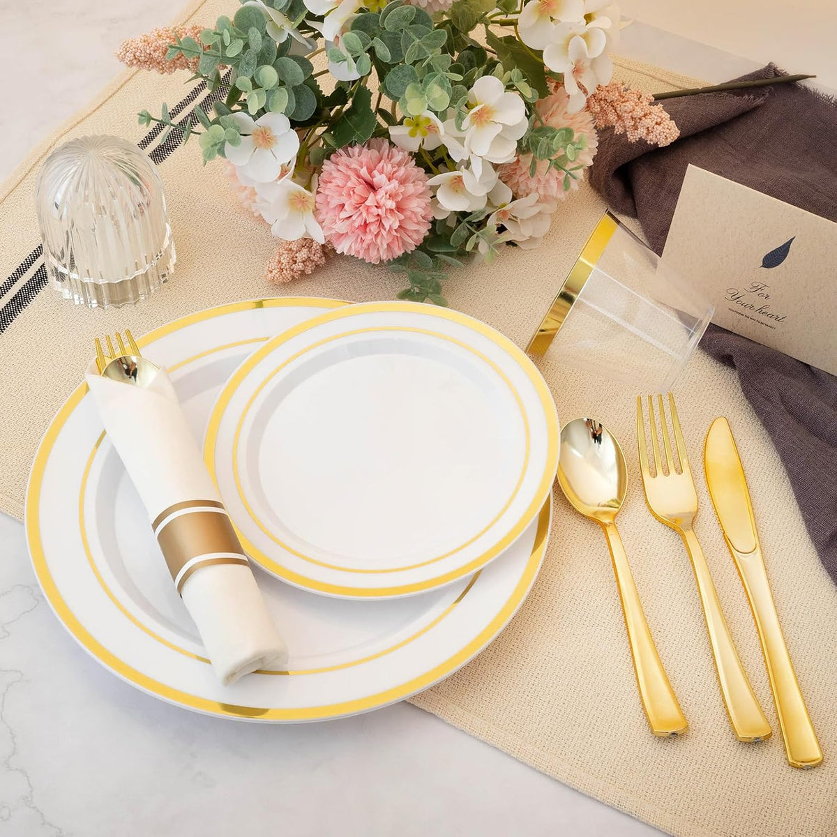 N9R 350PCS White and Gold Plastic Plates, Disposable Dinnerware Set