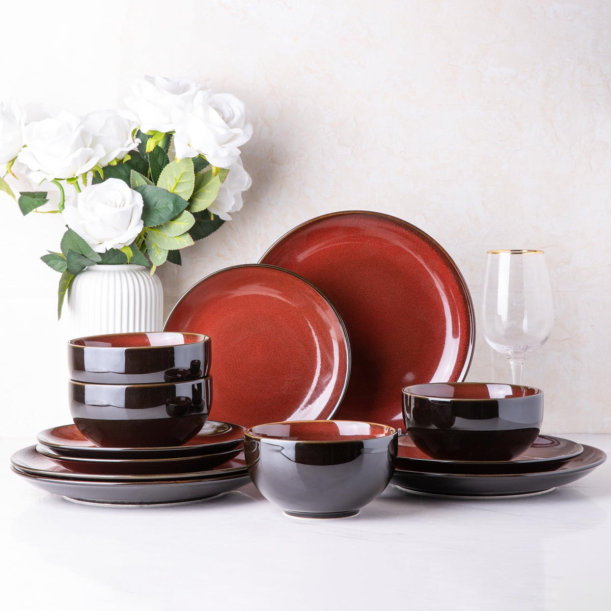 LeRatio Ceramic Dinnerware Sets for 6,18Pcs Porcelain Plates and Bowls Set