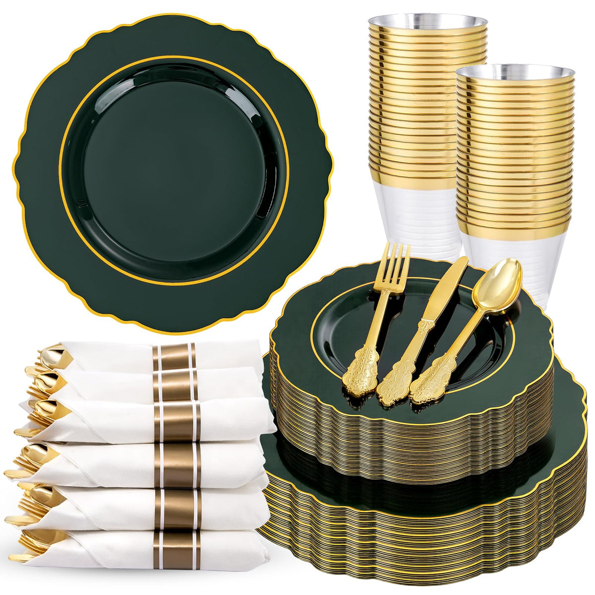 Liacere 350PCS Gold Plastic Plates-Disposable White and Gold Plates Baroque Plastic Dinnerware include 100Plates, 50Pack Pre Rolled Napkins with Silverware 50Cups for Wedding&Thanksgiving&Fall Party