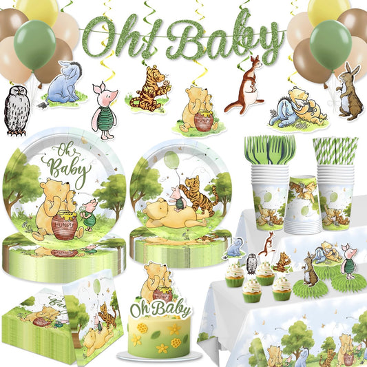 343PCS Xynic Classic Bear Baby Shower Decorations Tableware Set, 50 Guests