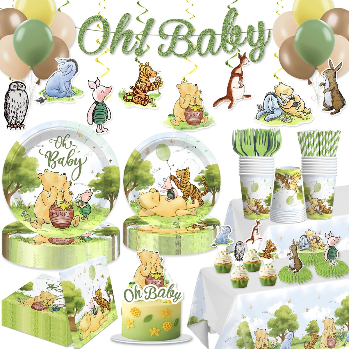 343PCS Xynic Classic Bear Baby Shower Decorations Tableware Set, 50 Guests