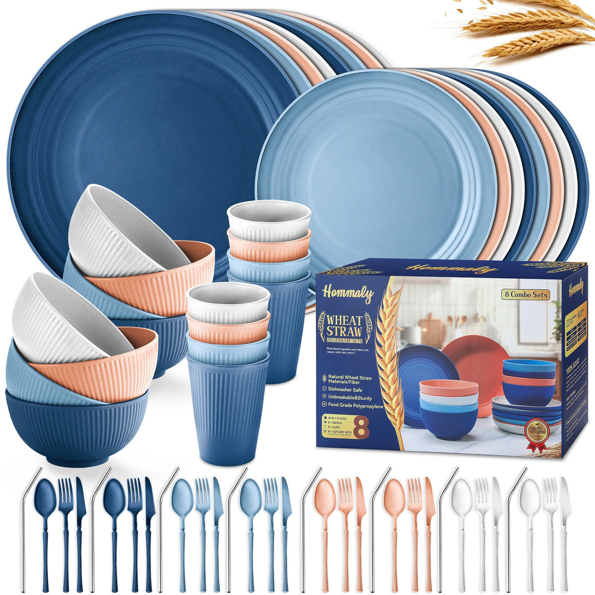 Wheat Straw Dinnerware Sets,64-Piece Black Plates and Bowls Sets for 8-Unbreakable,Reusable Plastic Dish Set-Dinner Plate/Dessert Plate/Cereal Bowl/Cup/Utensils-Microwavable Dishwasher Safe 64P-BLACK