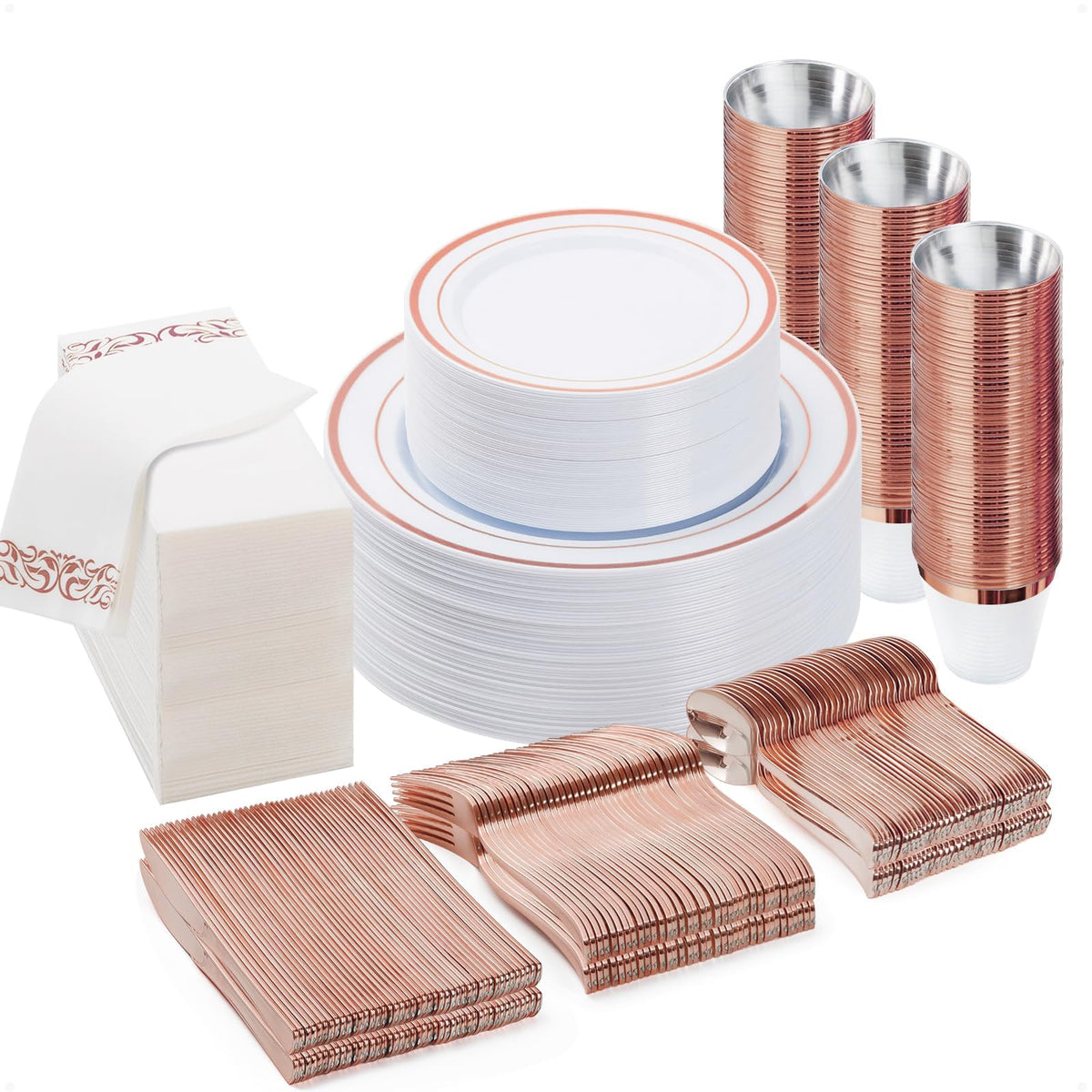 BESTVIP 700 PCS Disposable White and Gold Plastic Plates for 100 Guests