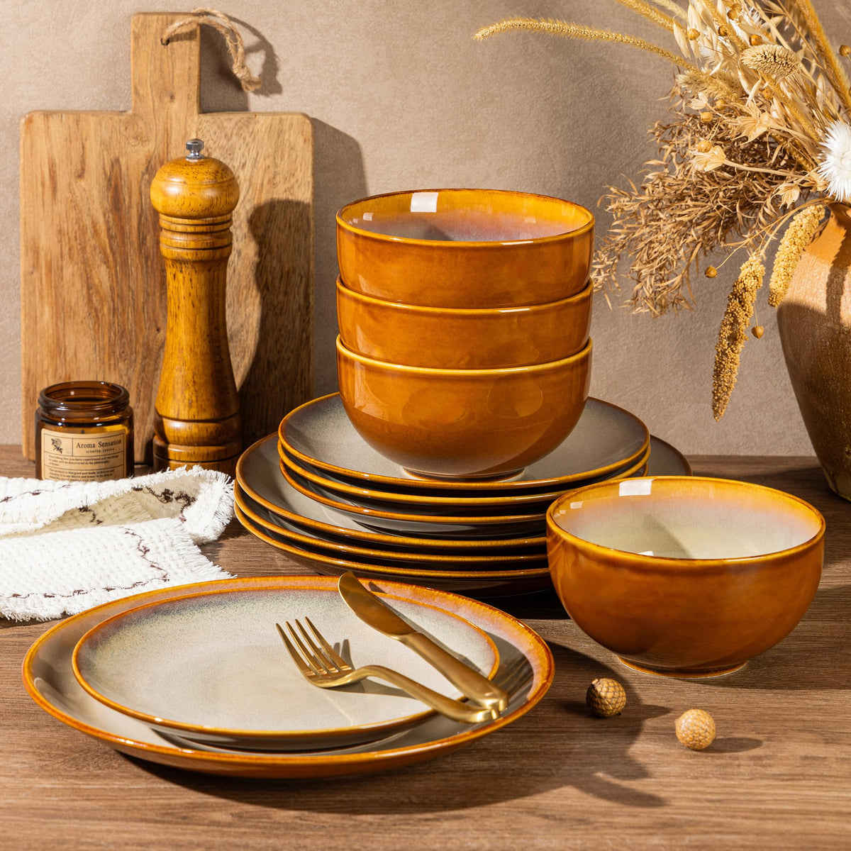 LeRatio Ceramic Dinnerware Sets for 6,18Pcs Porcelain Plates and Bowls Set