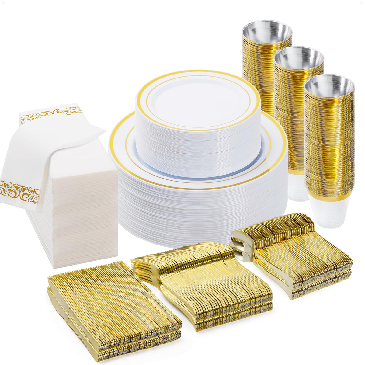 BESTVIP 700 PCS Disposable White and Gold Plastic Plates for 100 Guests