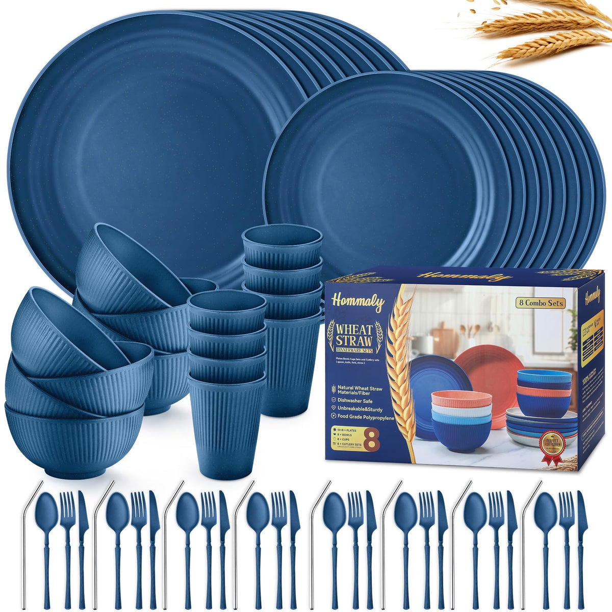 Wheat Straw Dinnerware Sets,64-Piece Black Plates and Bowls Sets for 8-Unbreakable,Reusable Plastic Dish Set-Dinner Plate/Dessert Plate/Cereal Bowl/Cup/Utensils-Microwavable Dishwasher Safe 64P-BLACK