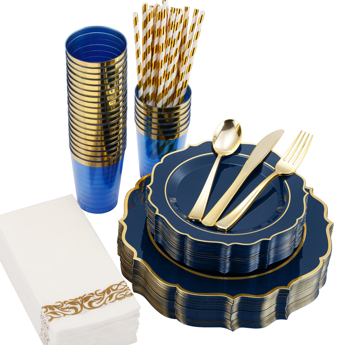 200 PCS Baroque Clear Gold Dinnerware Set for 25 Guests,Gold Rimmed Heavy Duty Plastic Disposable Plates for Party Wedding with Napkins,25Dinner Plates,Dessert Plates,Spoons,Forks,Knives,Cups