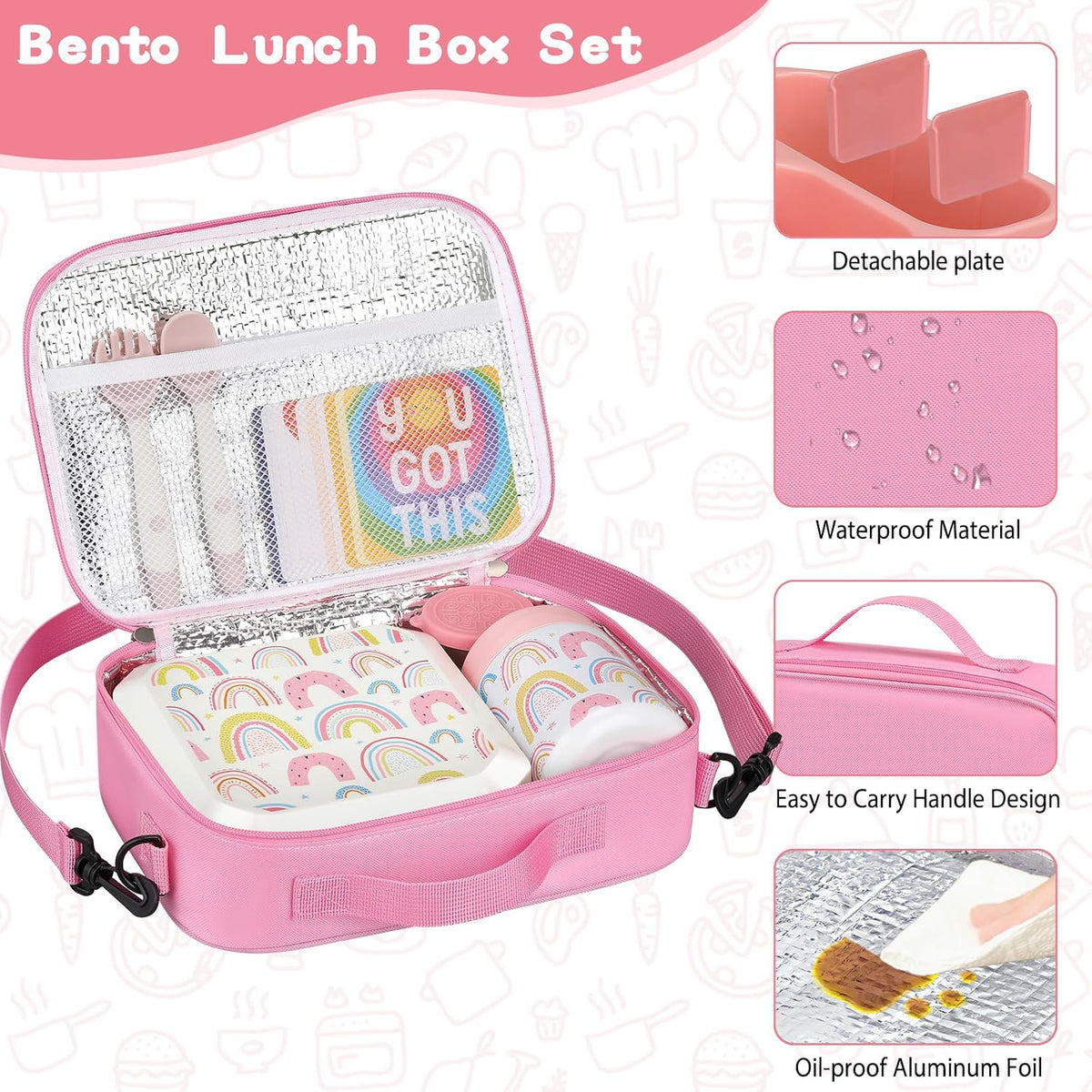 wiwens Bento Lunch Box for Kids with 12oz Soup Thermo Leak-Proof Lunch Food Container with 5 Compartment Thermo Hot Food Jar and Insulated Lunch Bag for Kid Toddler Girls Boys to School