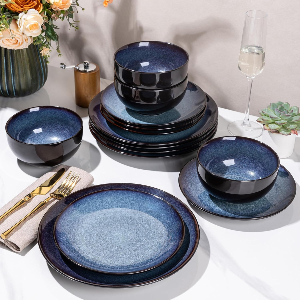 LeRatio Ceramic Dinnerware Sets for 8,24Pcs Porcelain Plates and Bowls Set