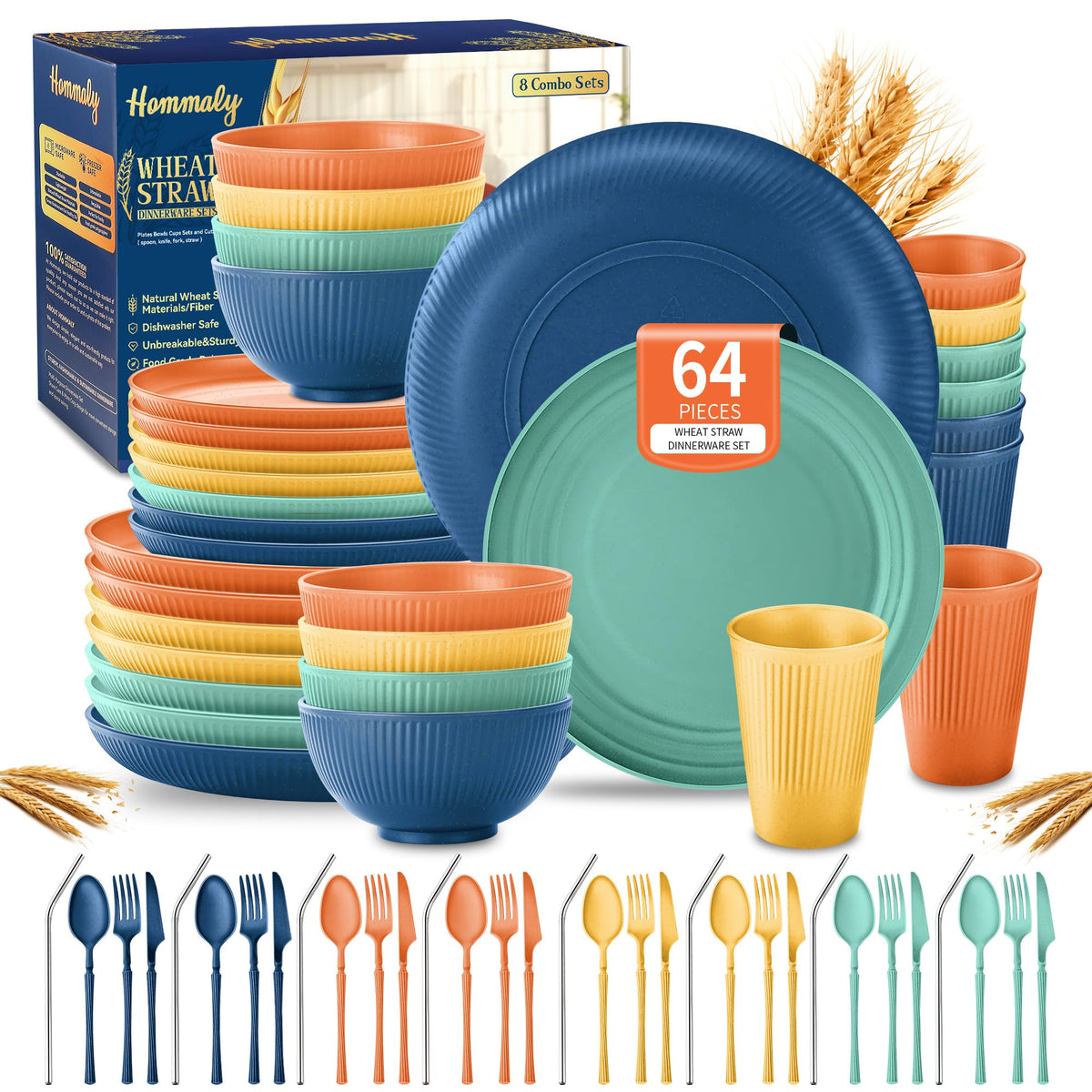 Wheat Straw Dinnerware Sets,64-Piece Black Plates and Bowls Sets for 8-Unbreakable,Reusable Plastic Dish Set-Dinner Plate/Dessert Plate/Cereal Bowl/Cup/Utensils-Microwavable Dishwasher Safe 64P-BLACK