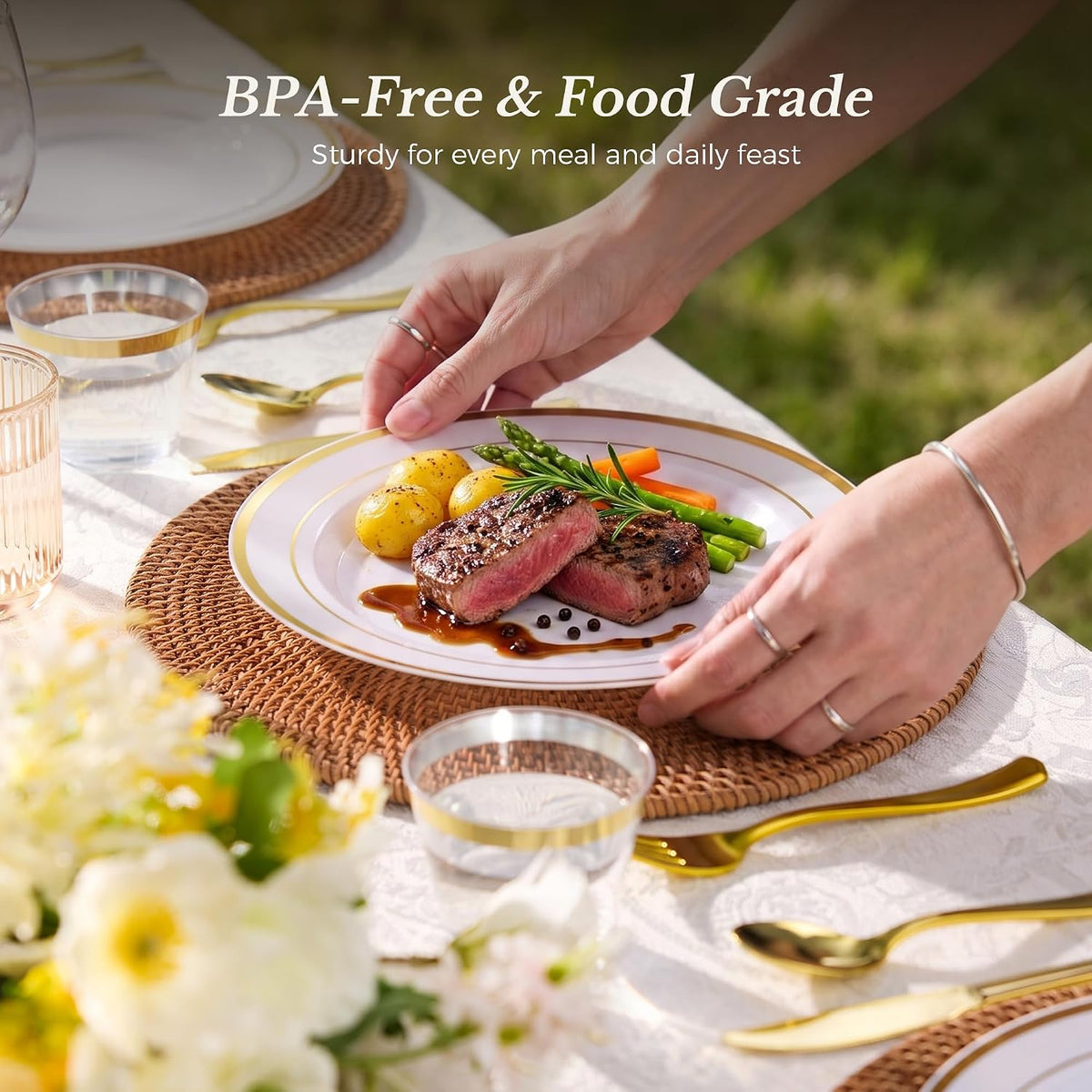 BESTVIP 600PCS Gold Dinnerware Set for 100 Guests,