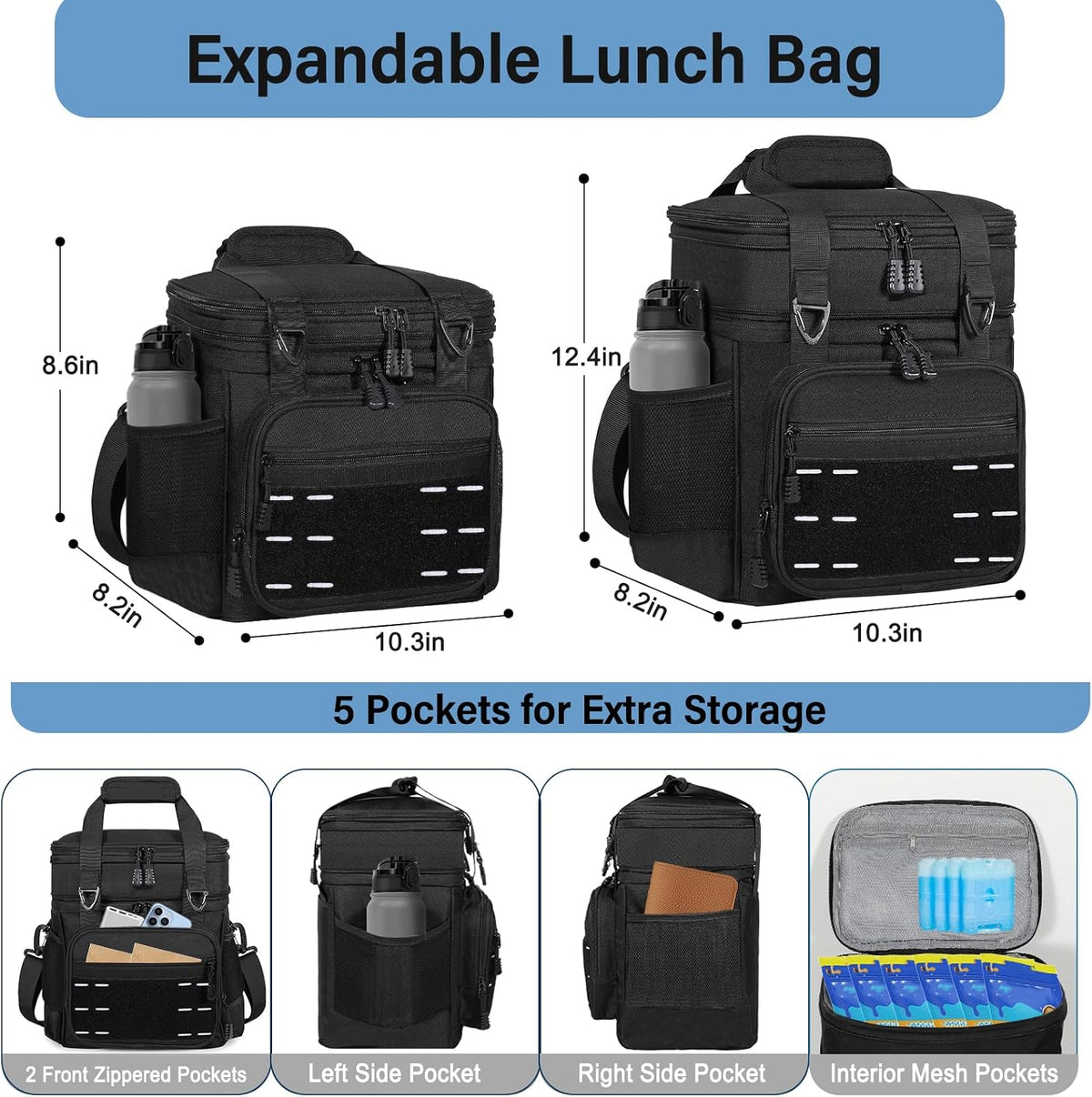 TENKIST Tactical Expandable Lunch Box Men 2 Layer Cooler Bag 20 Cans Black