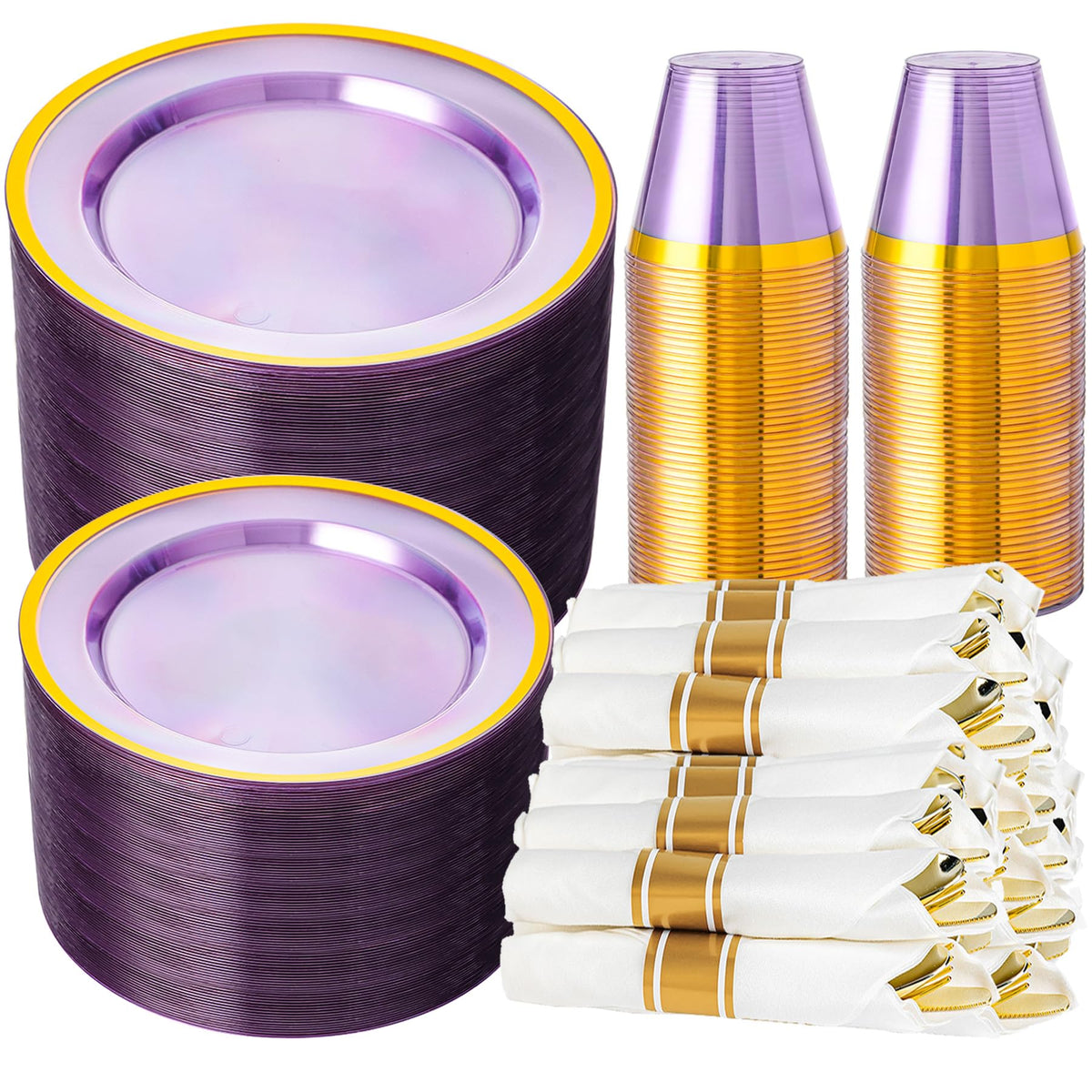 N9R 350PCS White and Gold Plastic Plates, Disposable Dinnerware Set