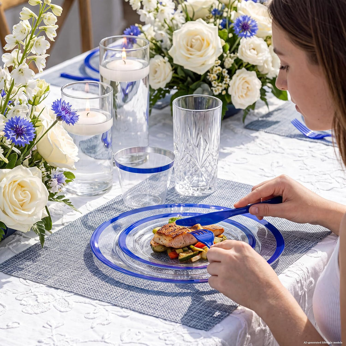 I00000 700Pcs Dark Blue Plastic Dinnerware Set ,Clear Plates for 100 Guests