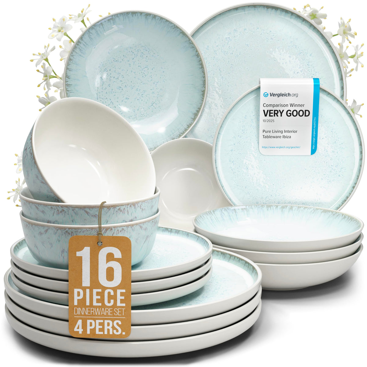 16 Piece Stoneware Dinnerware Set for 4, Handcrafted Plates and Bowls Set