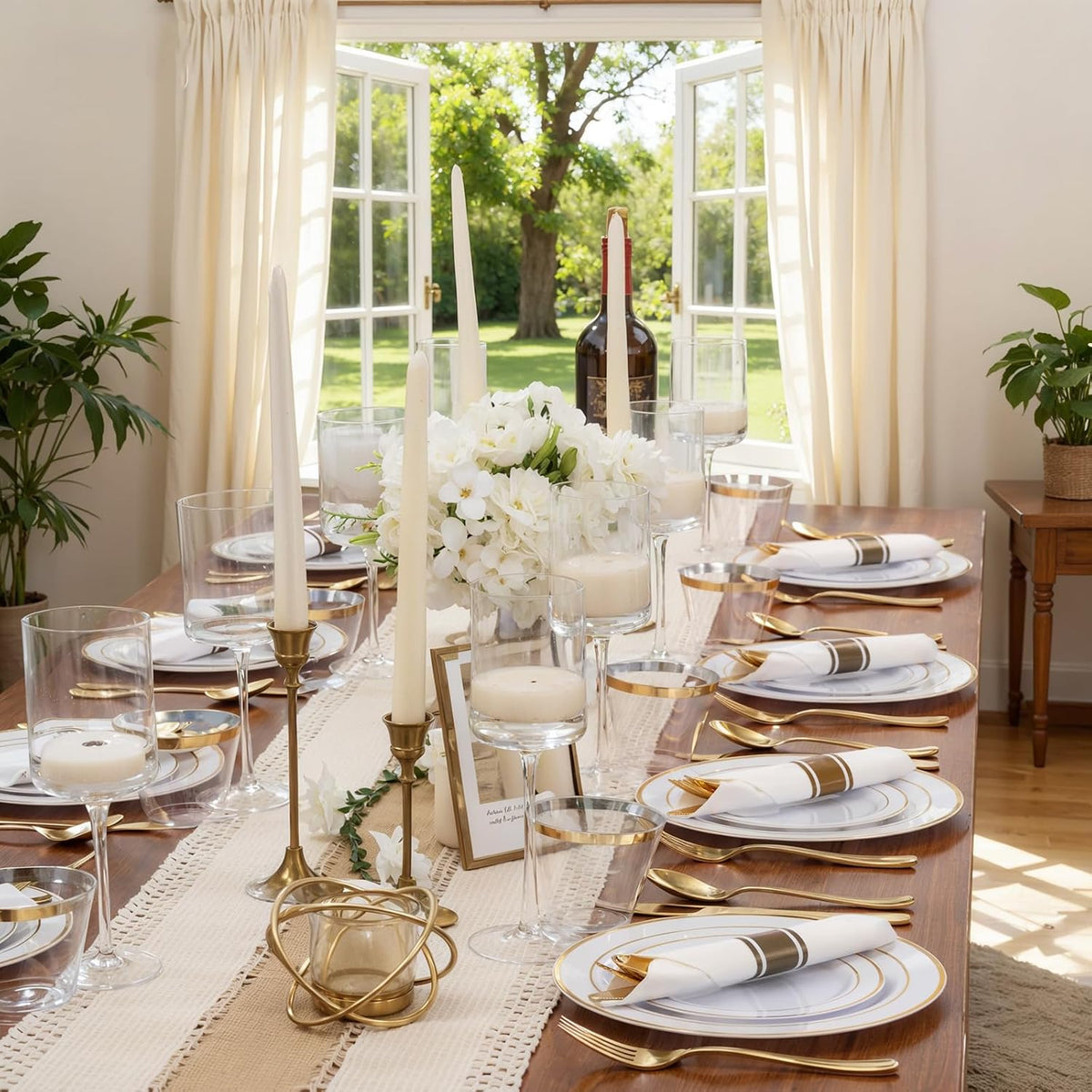 WDF Partyware 350Piece Gold Dinnerware Set for 50 Guests - Gold Plastic Plates with Disposable Cutlery - 50Dinner Plates-50Dessert Plates-50Pre Rolled Napkins with Silverware for Wedding/Thanksgiving