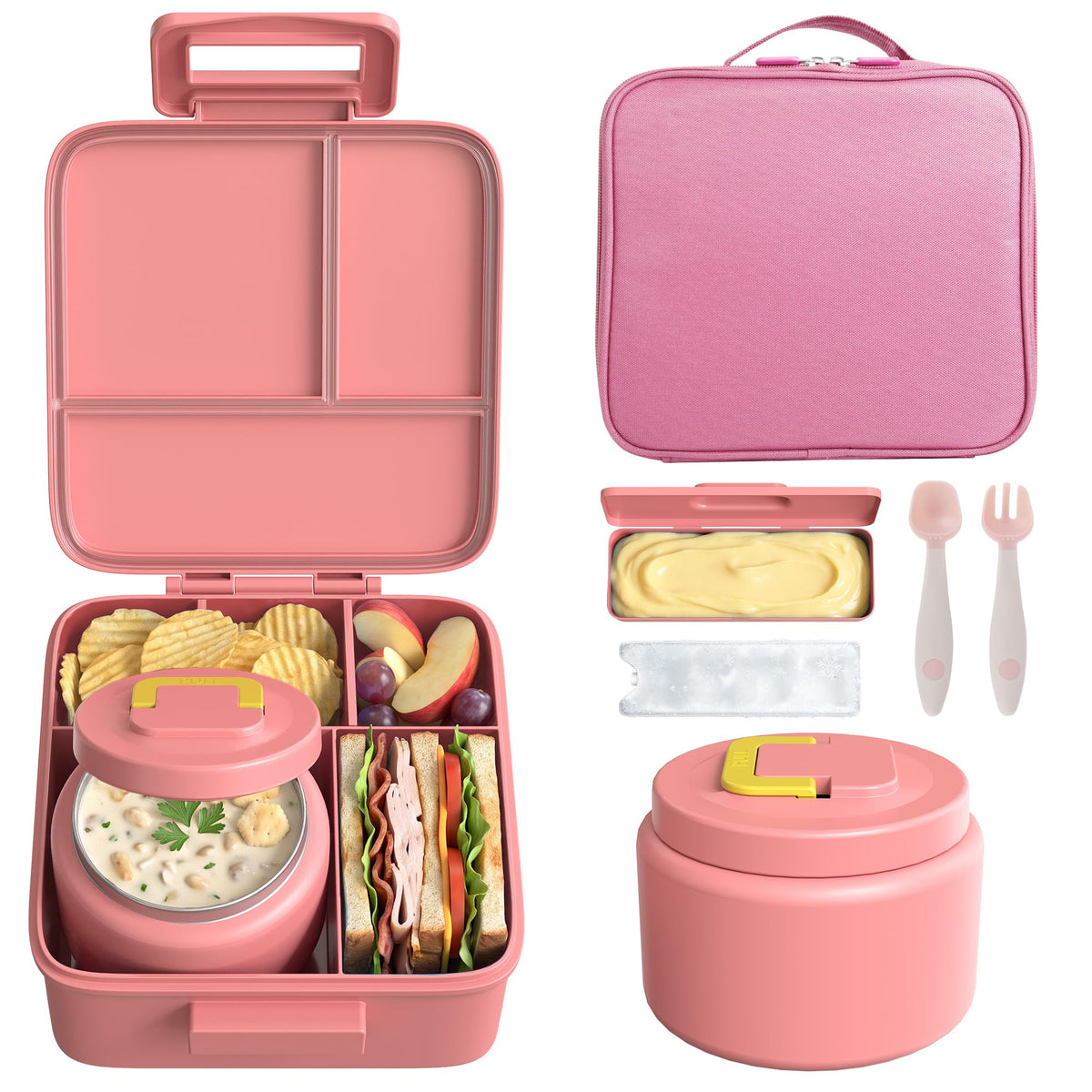 MAISON HUIS Bento Lunch Box with 8oz Soup Thermo and Insulated Lunch Bag, Kids Leakproof Lunch Food Containers with 5 Compartment, Boys Girls Thermo Hot Food Jar for Travel, School, BPA Free (Black)