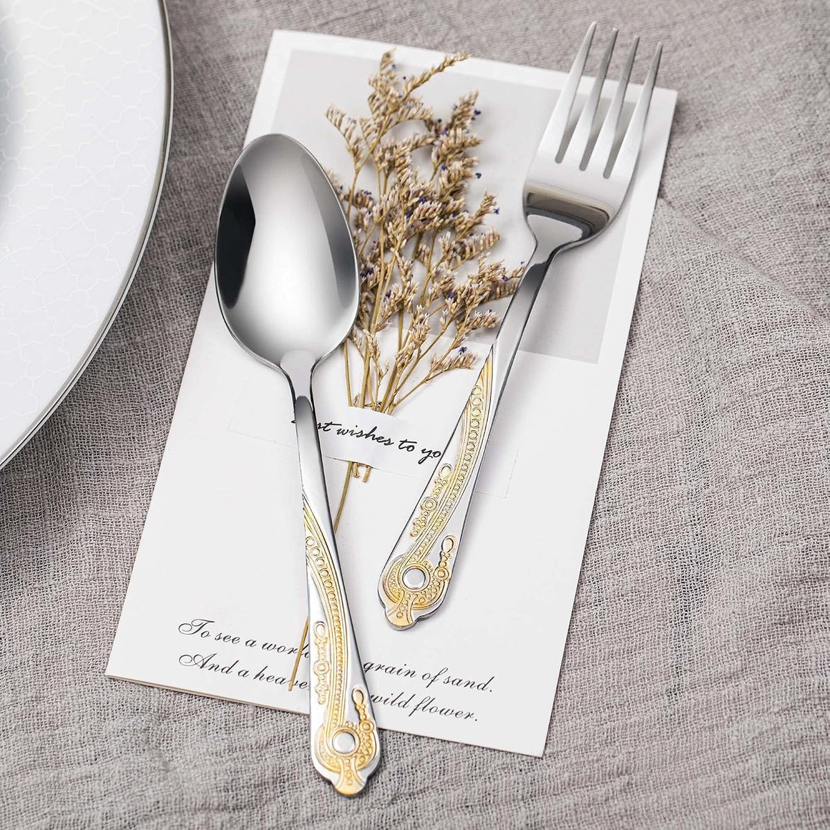 Gold Silverware Set, 20 Piece Stainless Steel Golden Flatware Set for 4, Silver Tableware Set with 24K Gold-Plated Trim, Eating Utensils, Great for Family Gatherings & Daily Use(Prestige)