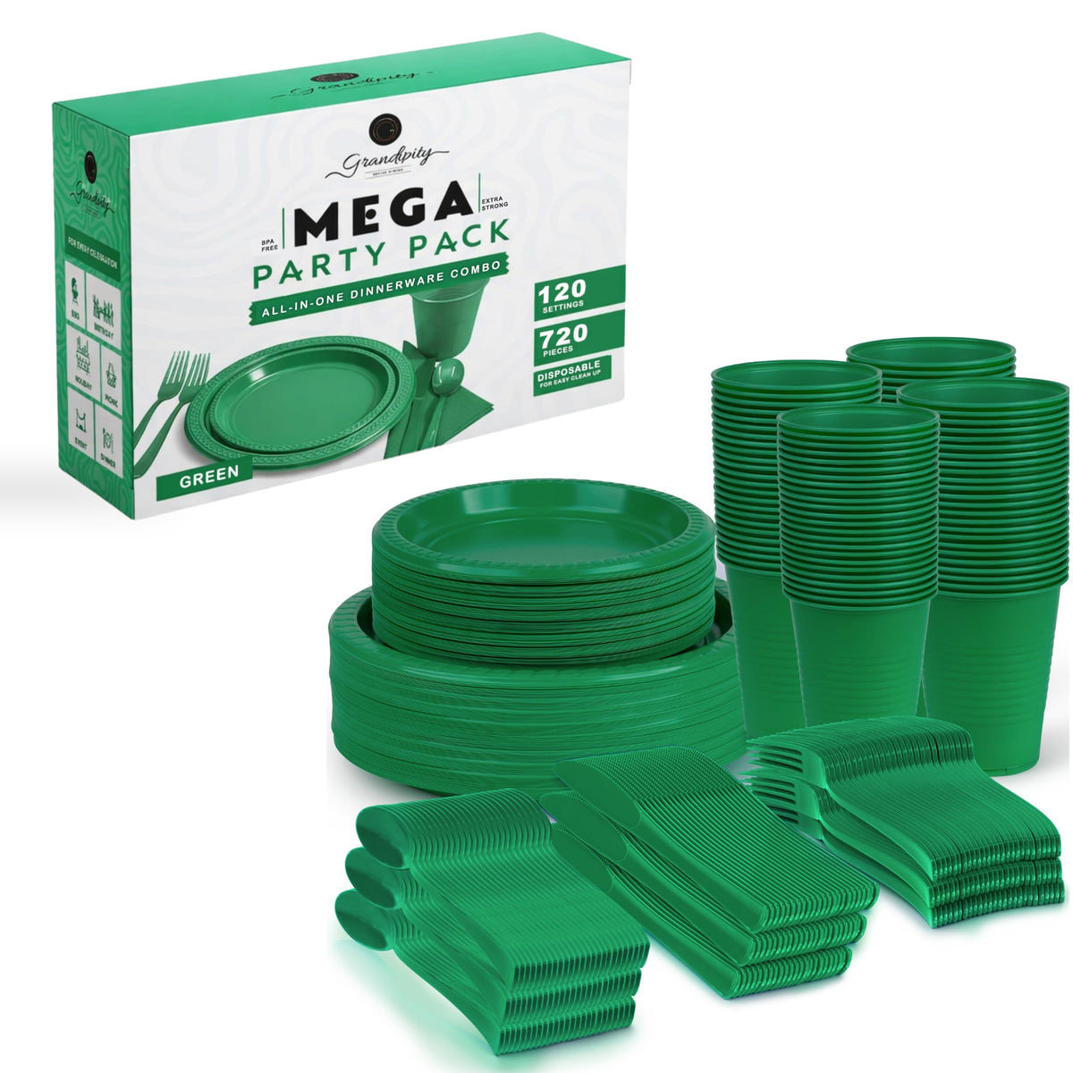 Grandipity Disposable Plastic Dinnerware Sets for Parties (720 pcs)