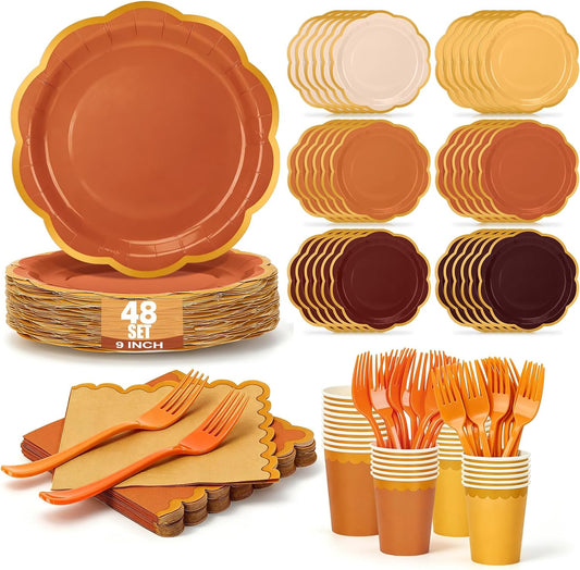 Orange Plates and Napkins Party Supplies for 48 Guests, Disposable 9’’ Gradient Scalloped Orange Fall Paper Plates Tableware Set for Fall Birthday, Harvest Party, Thanksgiving Decorations