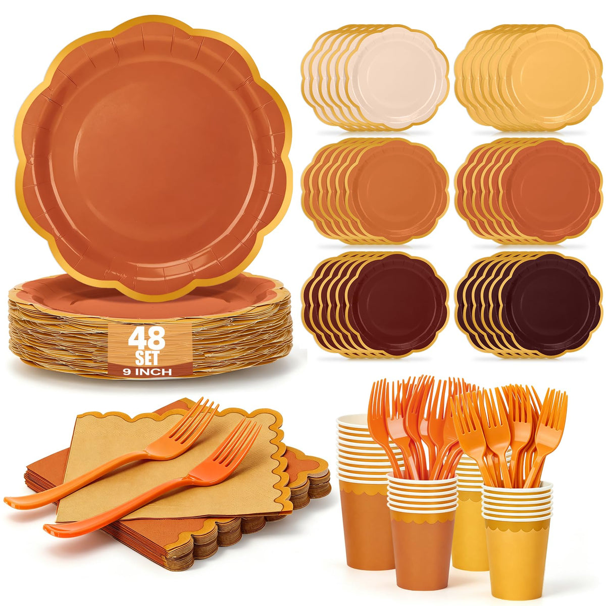 Orange Plates and Napkins Party Supplies for 48 Guests, Disposable 9’’ Gradient Scalloped Orange Fall Paper Plates Tableware Set for Fall Birthday, Harvest Party, Thanksgiving Decorations