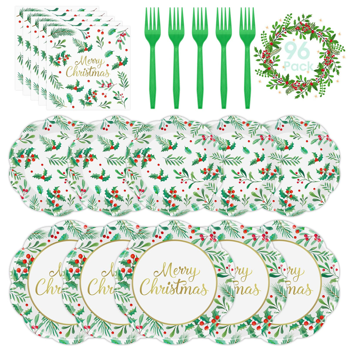 150 Pcs Merry Christmas Plates and Napkins - Disposable Christmas Paper Plates and Napkins, Holly Leaves Red Berries Tableware Sets for Winter Xmas Party Table Decorations Supplies Favors, Serve 50
