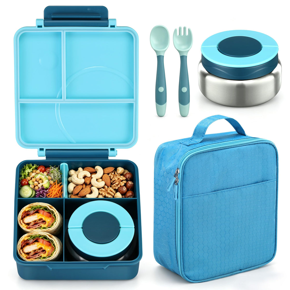 Bento Lunch Box Set for Kids with 8oz Soup Thermo, Leak-Proof Lunch Containers with 4 Compartment, Kids Thermo Hot Food Jar and Insulated Lunch Bag for Kid to School-Black