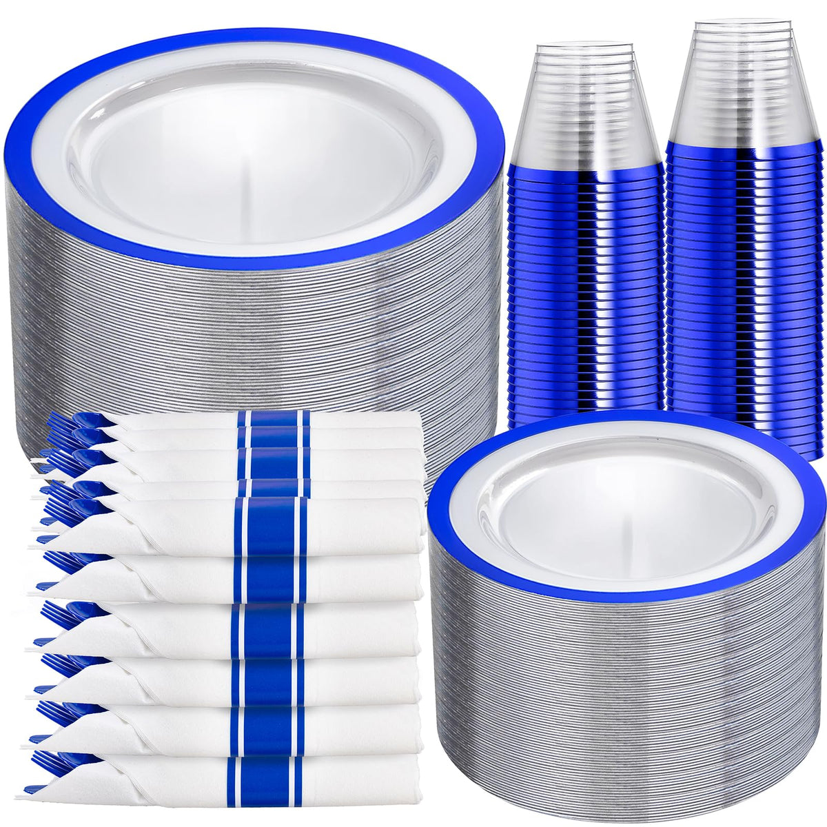 I00000 700Pcs Dark Blue Plastic Dinnerware Set ,Clear Plates for 100 Guests