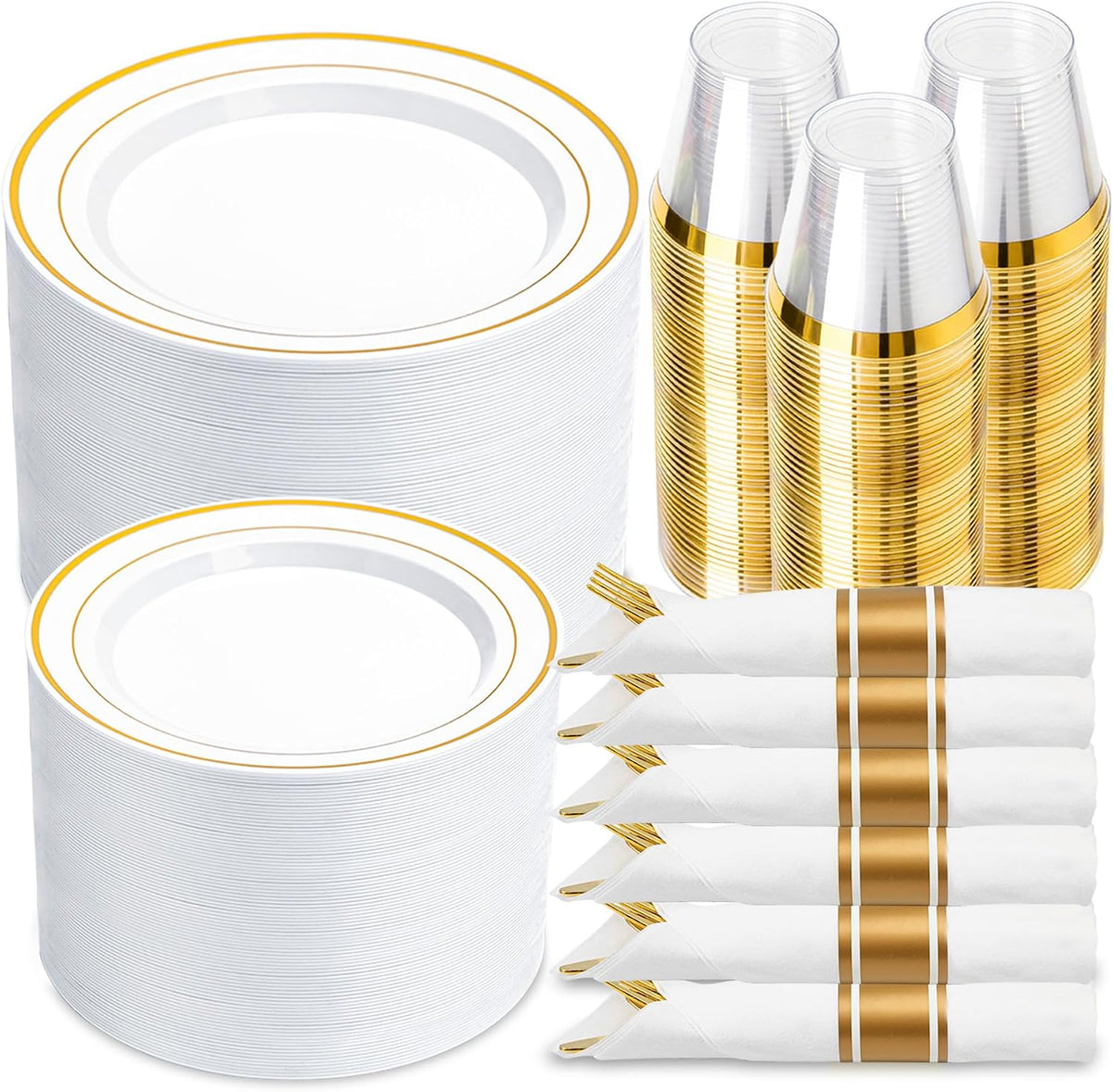 350PCS Gold Disposable Plastic Dinnerware Set for 50 Guests