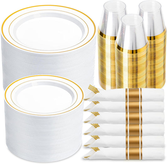 350PCS Gold Disposable Plastic Dinnerware Set for 50 Guests