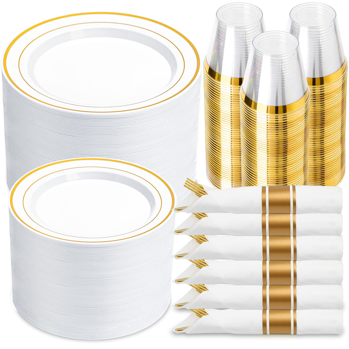 350PCS Gold Disposable Plastic Dinnerware Set for 50 Guests